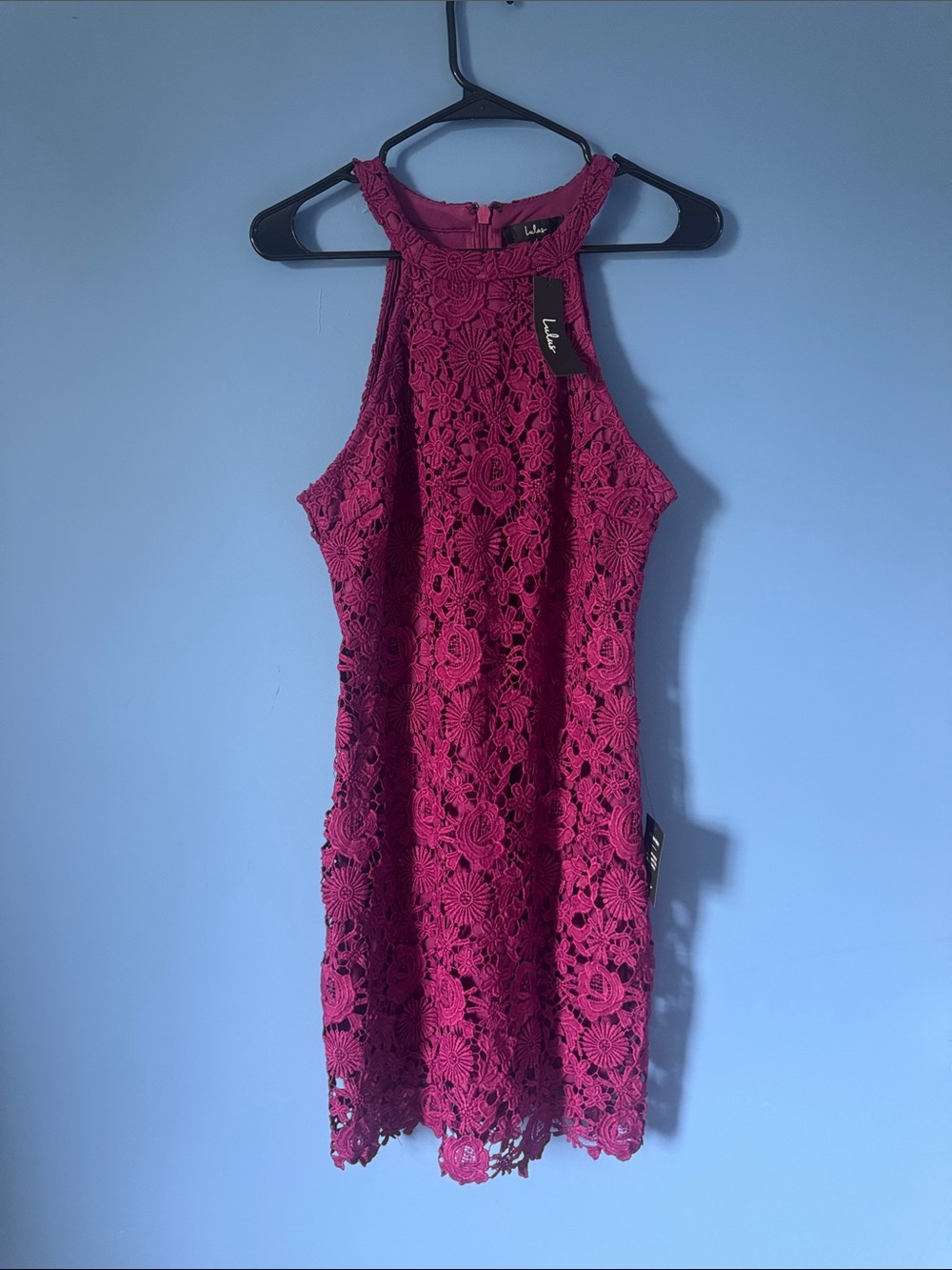 NWT Lulu's Raspberry Crochet Halter Mini Dress - Large